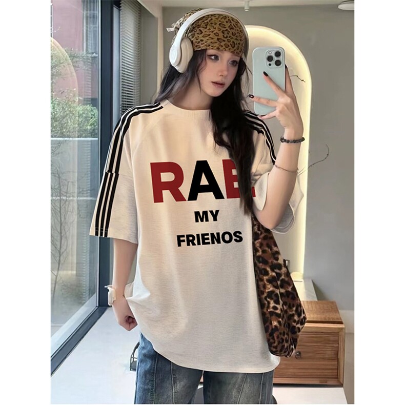 抖音得物品质二开240克宽松纯棉美式潮牌印花三条杠中性风短袖T恤,男装T恤,电商A486-1