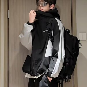 美式运动户外连帽冲锋衣夹克男春秋季潮牌拼接撞色工装外套图片
