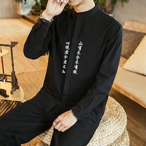 2021春秋季新款男装风文字刺绣衬衣大码百搭衬衫 C03模特图图片