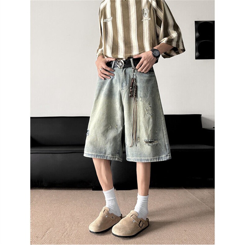 2025新款水洗做旧破洞七分牛仔裤宽松阔腿裤潮牌男现货K8443-P36图片