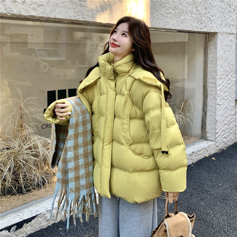 黄色连帽泡芙90绒羽绒服女2025冬季新款小个子短款加厚白鸭绒外套,女装羽绒服,2C375