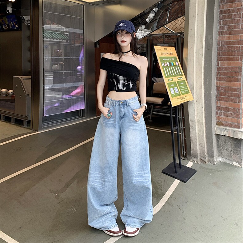 美式复古做旧牛仔裤薄款夏季男女新款阔腿裤宽松直筒裤YD9027-P75图片