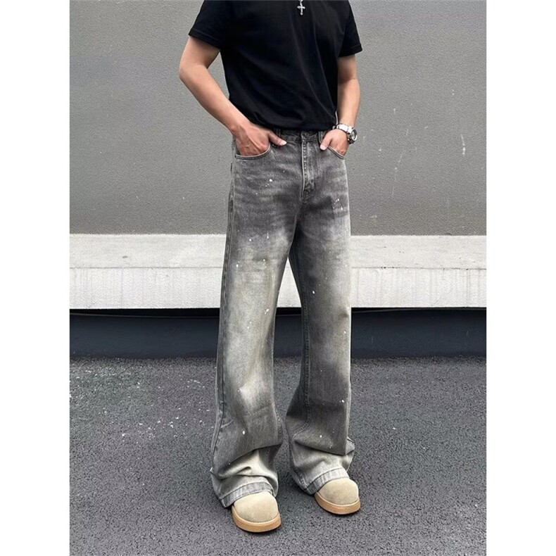 美式复古泼墨微喇牛仔裤男cleanfit直筒水洗做旧高街长裤,男装牛仔裤,星座506A