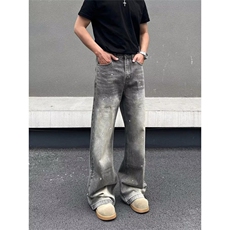 美式复古泼墨微喇牛仔裤男cleanfit直筒水洗做旧高街长裤，男装牛仔裤，星座506A