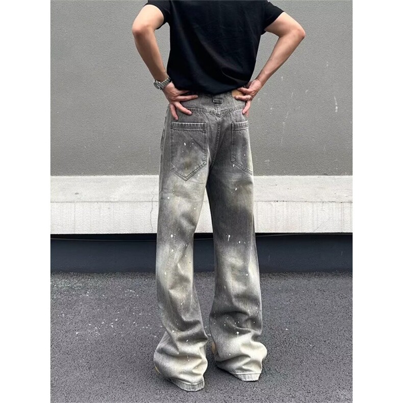 美式复古泼墨微喇牛仔裤男cleanfit直筒水洗做旧高街长裤,男装牛仔裤,星座506A
