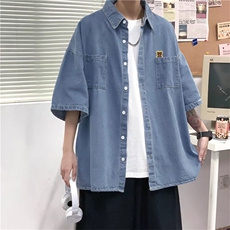 牛仔衬衫男夏季古着vintage短袖衬衣高级感潮牌痞帅半袖翻领外套，男装衬衫，星座1008-2
