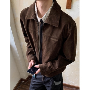 鹿皮绒PU皮衣行政夹克男棕色外套韩系轻奢工装飞行员 W5053图片
