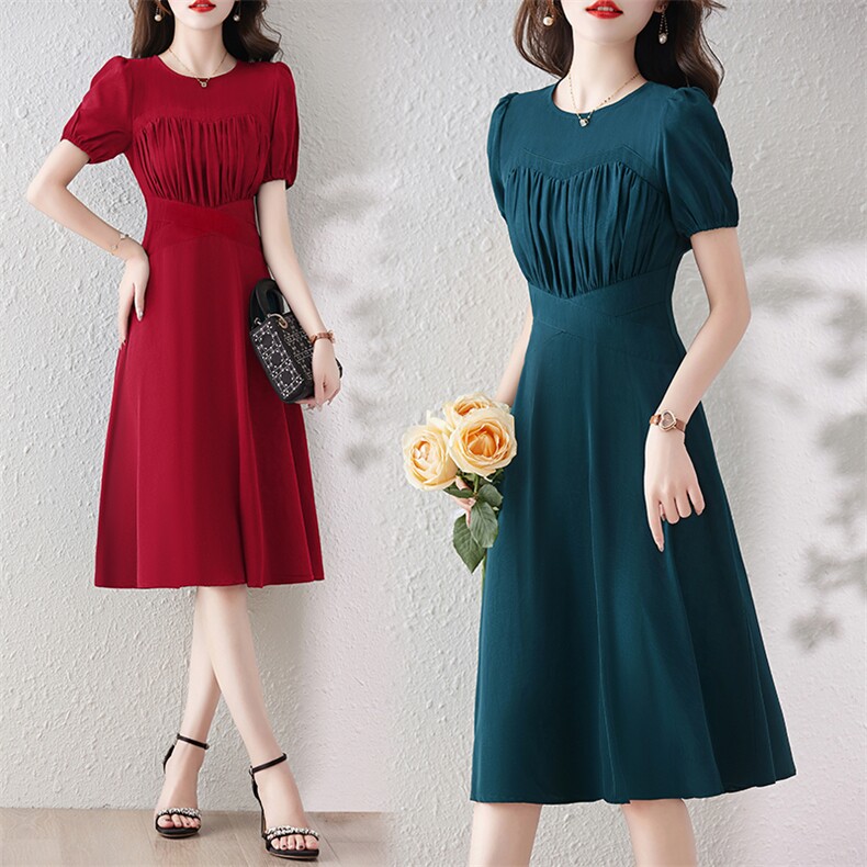 2024夏季新时尚简约大方气质优雅收腰显瘦独特绳结性感圆领连衣裙，女装连衣裙，伊航服饰