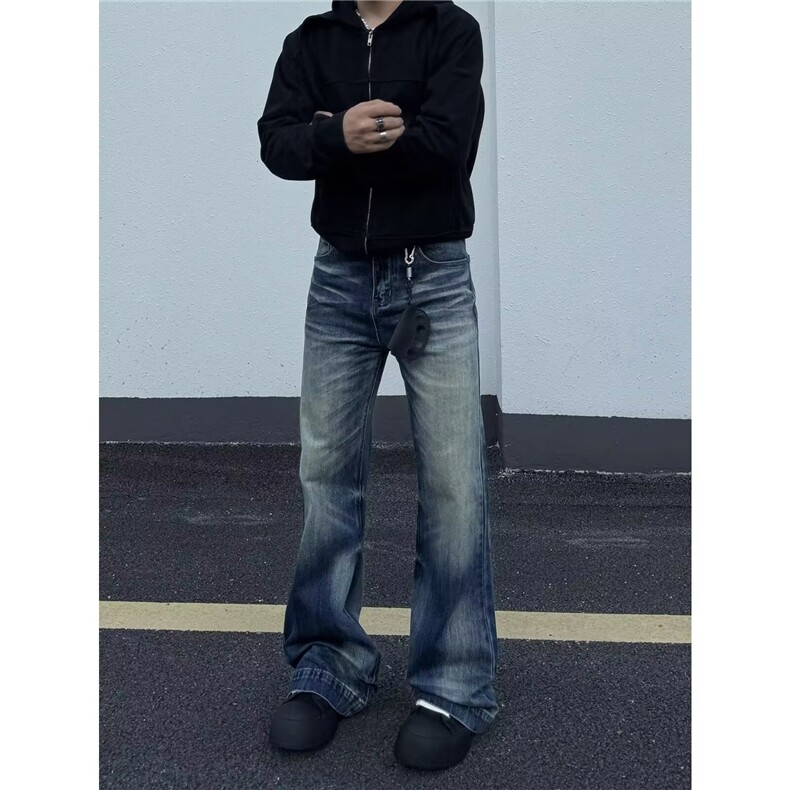 复古蓝阔腿牛仔裤男女水洗做旧直筒长裤百搭休闲垂感裤子NZ8423,男装牛仔裤,星座516A