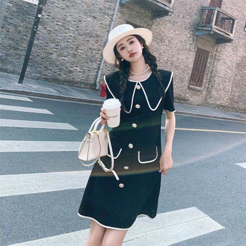 大码女装胖mm名媛小香风撞色娃娃领连衣裙女夏气质显瘦遮肉长裙，女装连衣裙，帛香坊