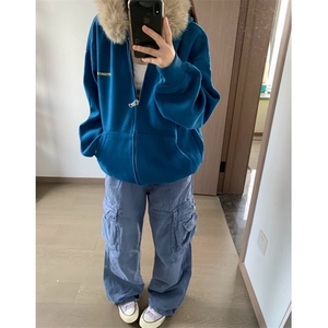 秋冬蓝色连帽卫衣大毛领加绒设计宽松休闲保暖拉链外套上衣ins风图片