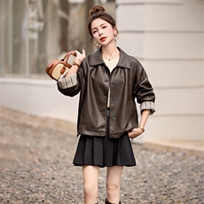 海宁皮衣女款2025新款春秋小个子翻领高级感卷袖PU机车皮夹克外套，女装皮衣，潮流依族