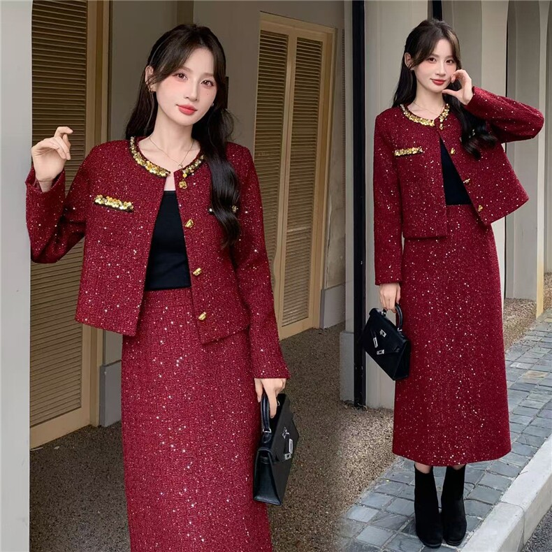 2025冬装新款气质优雅范香风套装，女装套装/套裙，曼琳思菲