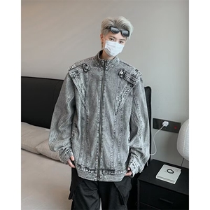 美式复古做旧水洗短款拼接牛仔外套潮牌金属设计感立领夹克男上衣图片