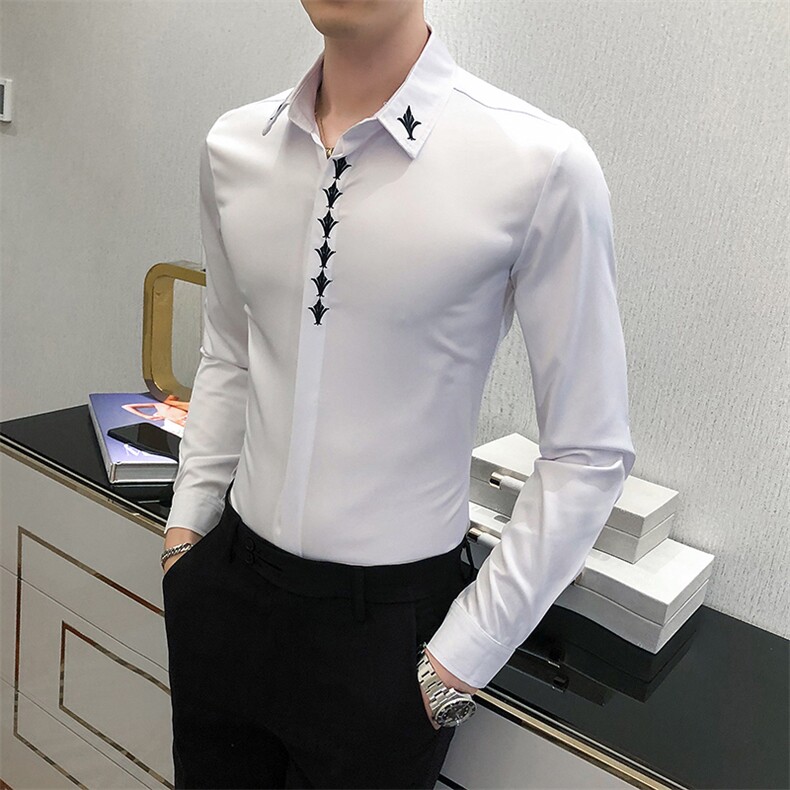 20秋男衬衫英伦长袖上衣刺绣男装韩版修身四季纯色衬衣C325特P50,男装衬衫,星座419（原A233）