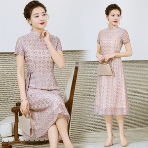 时尚新款修身显瘦中长款蕾丝品质改良旗袍婚庆晚礼服减龄连衣裙图片