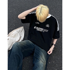 夏季美式高街重磅纯棉三条杠织带撞色男女短袖T恤ZD650-特P30，男装T恤，电商A486-1