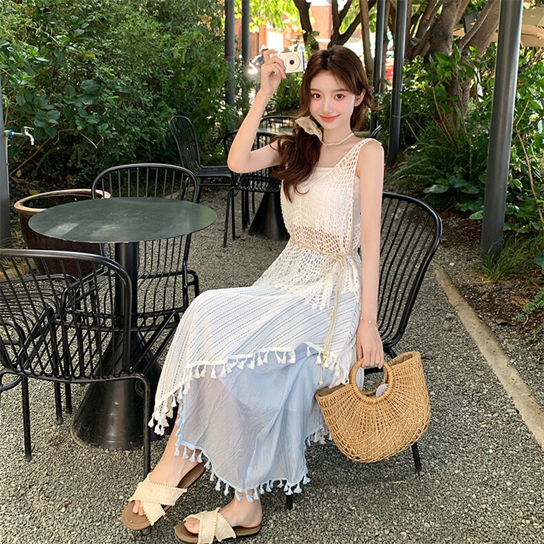 波西米亚度假风套装裙女2025夏新款镂空马甲背心流苏半身裙三件套,女装套装/套裙,浙宝220