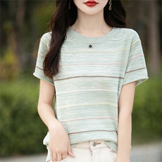 24夏款100%纯棉针织衫短袖女圆领条纹拼色上衣宽松半袖T恤打底衫，女装针织衫/毛衣，斯美雅电商供货