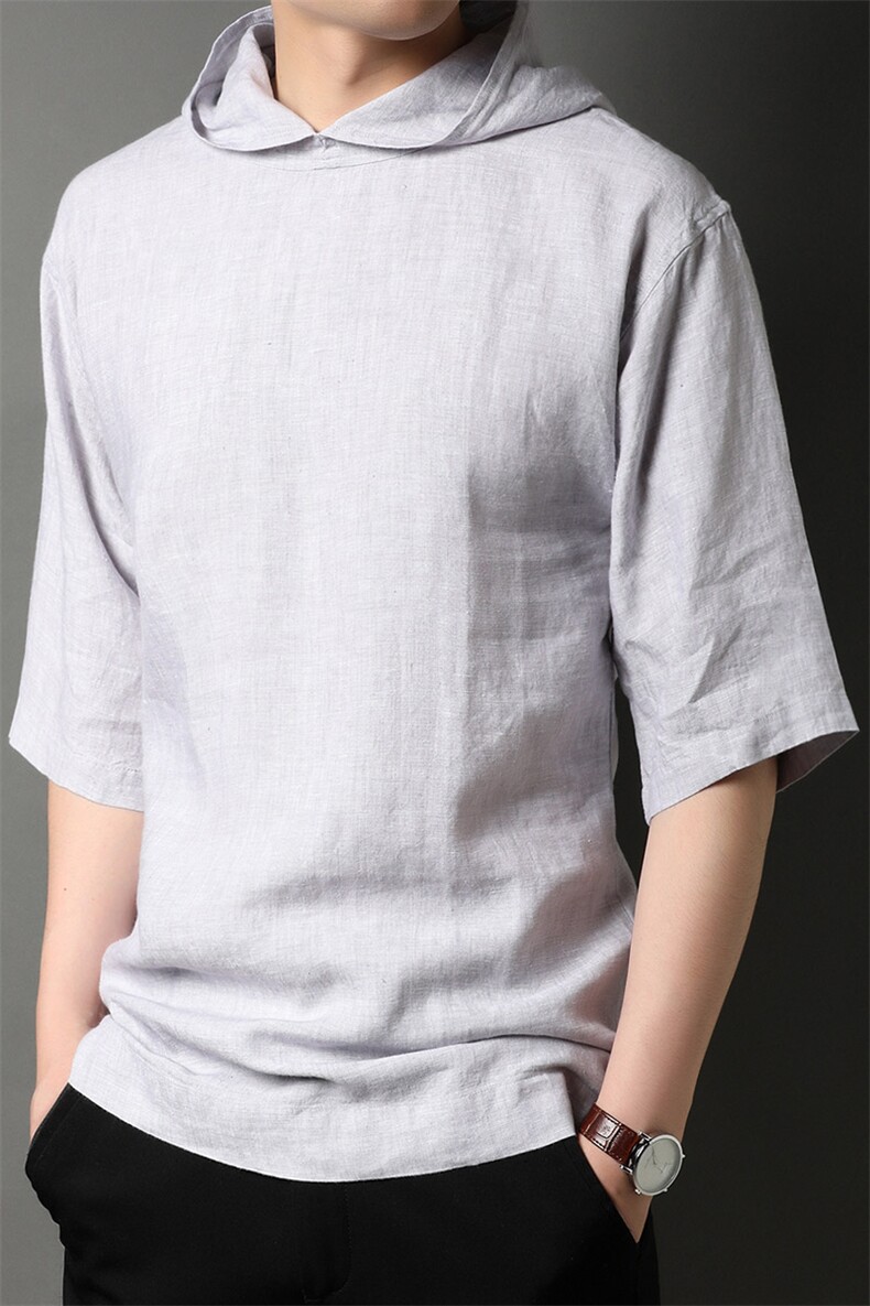 BB-G015男士夏季新款亚麻连帽短袖T恤青年休闲文艺范体恤P120,男装T恤,电商B360