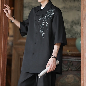 F256-P40 2024夏季潮牌宽松刺绣衬衣新中式风短袖衬衫男 现货图片