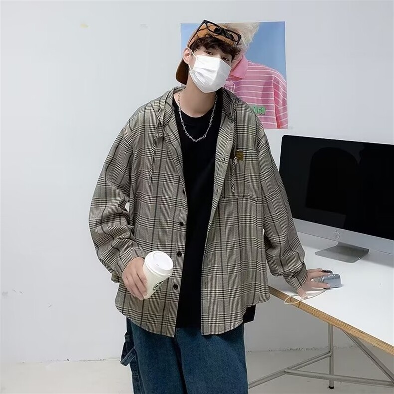 连帽格子衬衫男长袖痞帅韩版潮流高级感衬衣外套CS47P40,男装衬衫,星座410-2