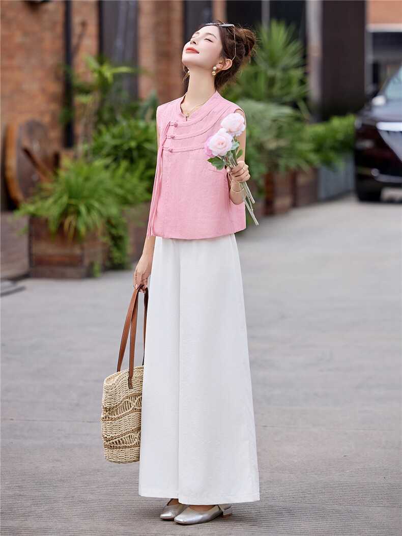现货209-3277-P155-K218新款新中式夏季盘扣阔腿裤两件套,女装套装/套裙,韩蜜菓