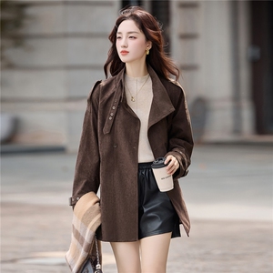 鹿皮绒外套女2025秋季新款宽松休闲风衣高级感杭州意法中长款大衣，女装风衣，浙宝029