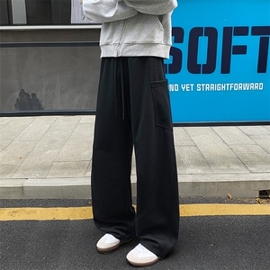 酒红色重磅弯刀卫裤男款冬季加绒加厚裤子美式复古直筒微喇休闲裤图片