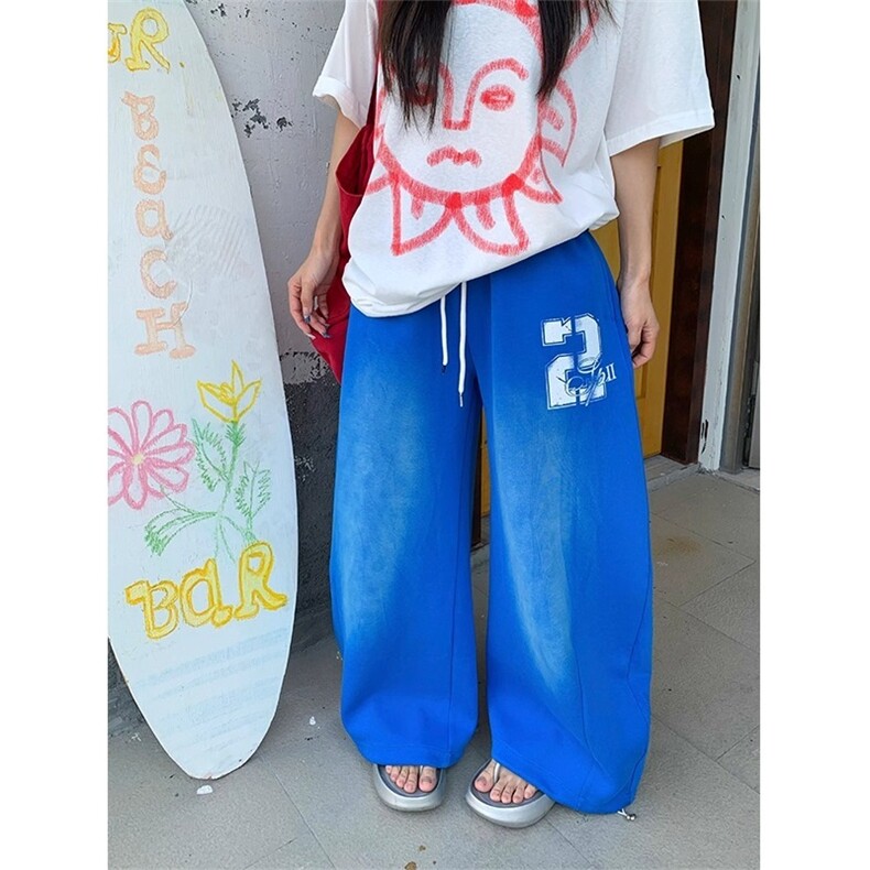 EAHO美式复古做旧字母印花抽绳卫裤夏季男女宽松直筒百搭运动长裤图片