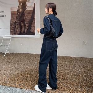 高级小众复古美式牛仔短款上衣套装女春秋季超火好看阔腿裤两件套图片