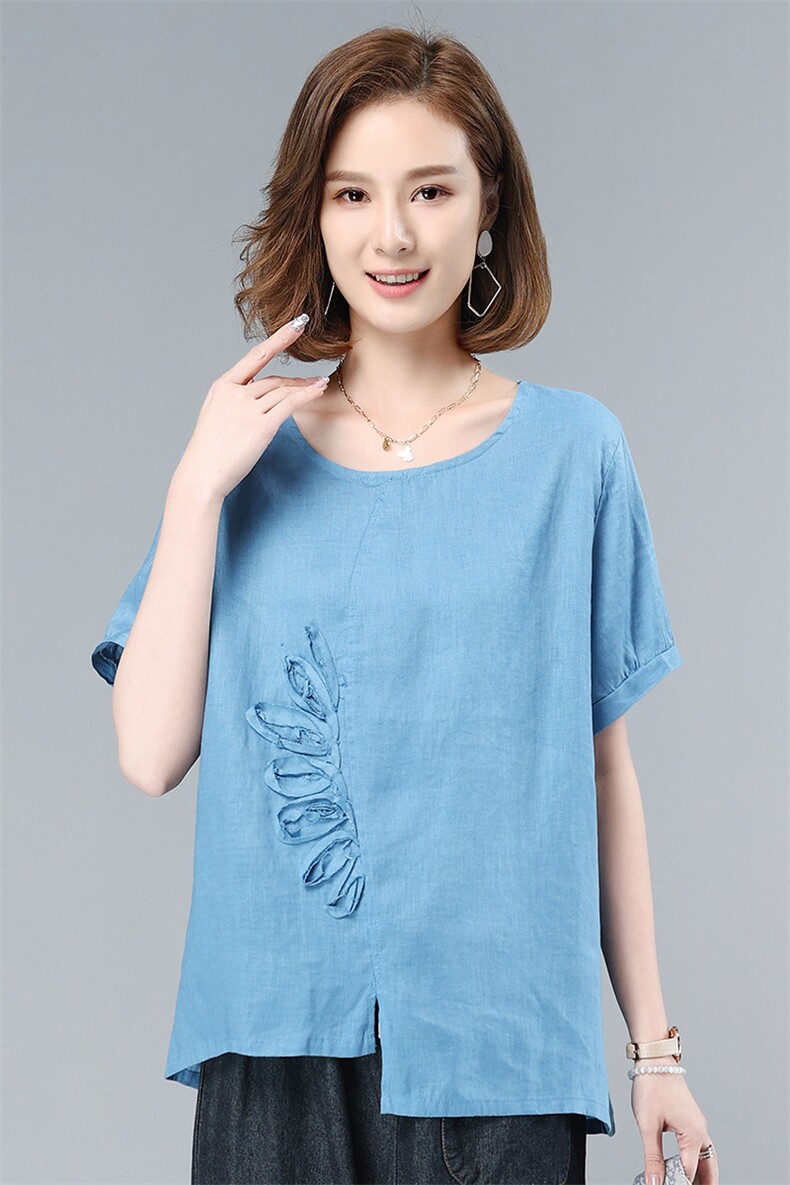 2021夏季新款气质圆领拼贴纯色麻短袖上衣,女装衬衫,叶笙衣