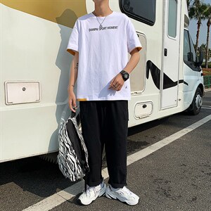 港风新款假两件字母印花短袖T恤男大码夏季撞色半袖T128P35控49图片