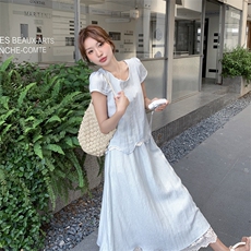 浅蓝色温柔风蕾丝拼接套装裙女2025年夏季新款超好看半身裙两件套，女装套装/套裙，2C279