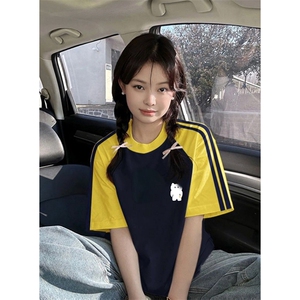 夏季美式高街重磅纯棉三条杠织带插肩撞色男女短袖T恤CZ199-特P25图片