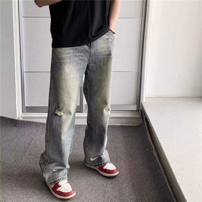 美式潮牌破洞牛仔裤男士秋季新款休闲直筒宽松阔腿长裤L83655-P45,男装牛仔裤,星座1008