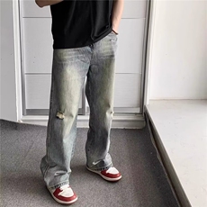 美式潮牌破洞牛仔裤男士秋季新款休闲直筒宽松阔腿长裤L83655-P45，男装牛仔裤，星座1008