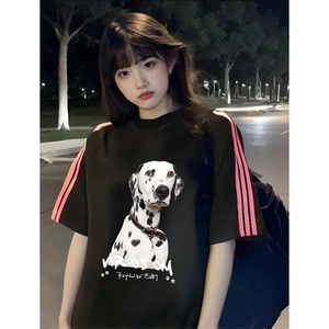 抖音得物品质二开240克宽松纯棉美式潮牌印花三条杠中性风短袖T恤图片
