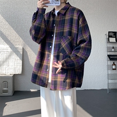 衬衫男春季新款港风宽松大码磨毛格子长袖衬衣CS2019-P35，男装衬衫，星座214-3