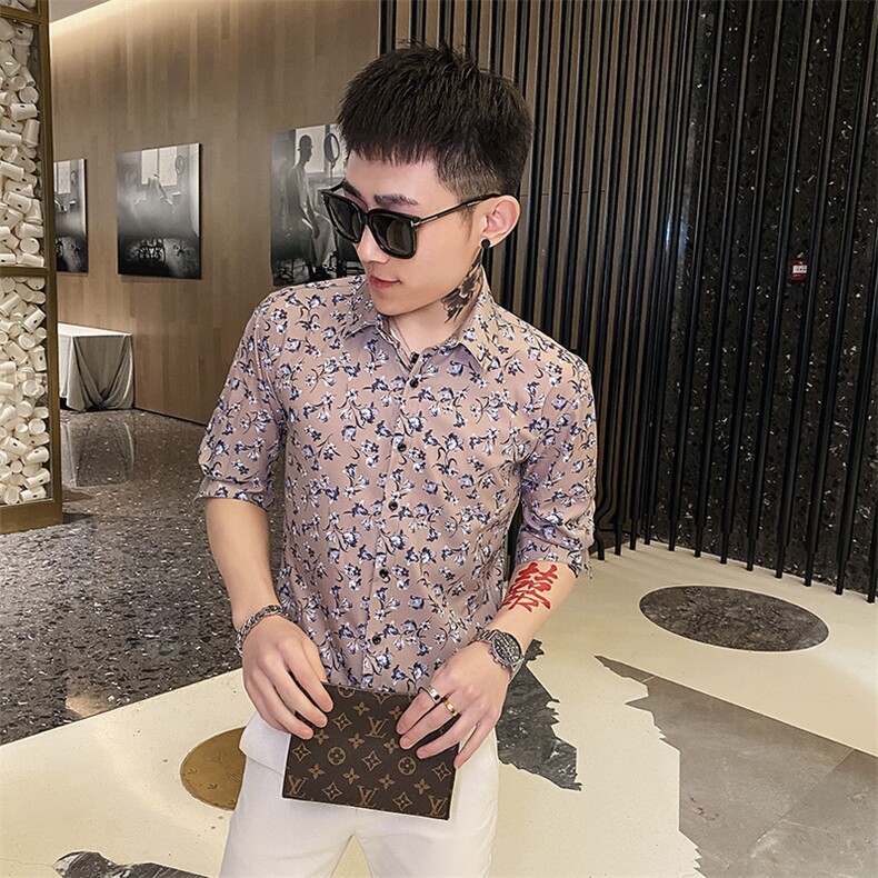 312A-115-P55新款社会小伙中袖衬衫韩版潮流男士五分袖衬衣A,男装T恤,星座312A-5