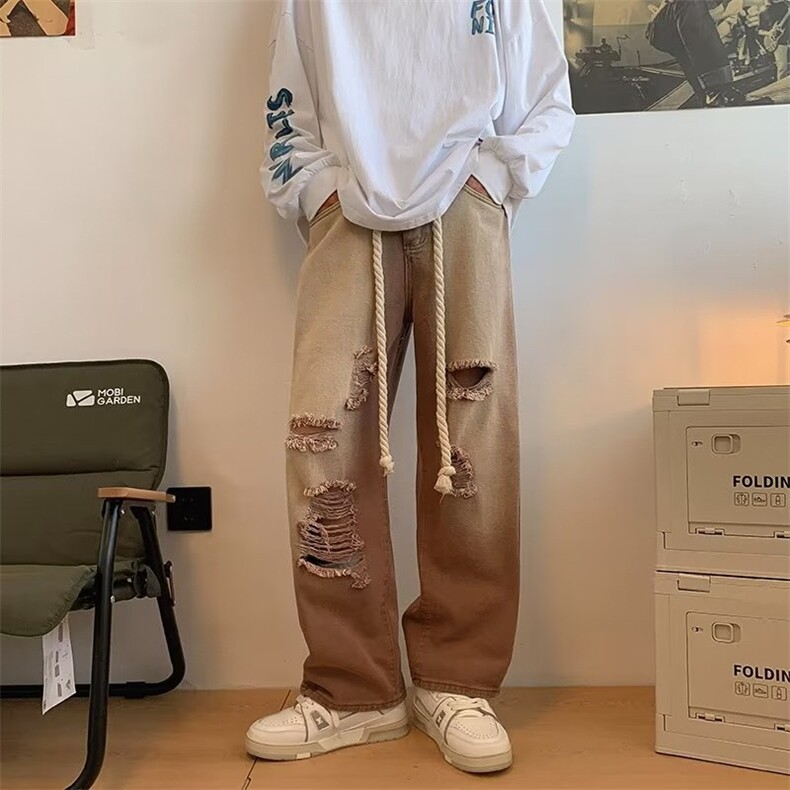 牛仔裤男秋季潮大码休闲裤子高街破洞编绳G3052P48,男装牛仔裤,星座1116-2