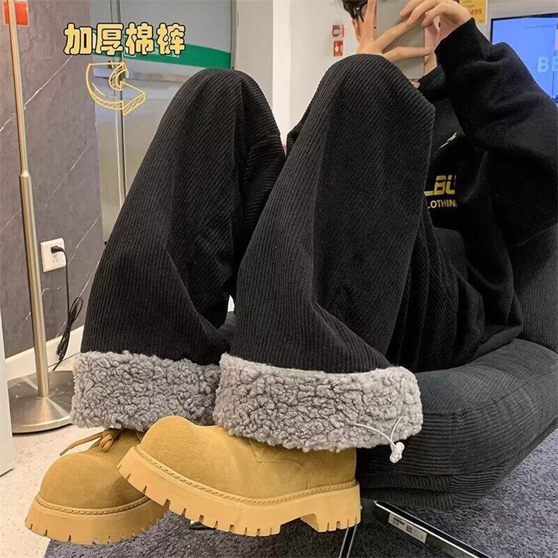 长裤青少年宽松型直筒水洗加绒加厚保暖棉裤垂感灯芯绒裤男秋冬季图片