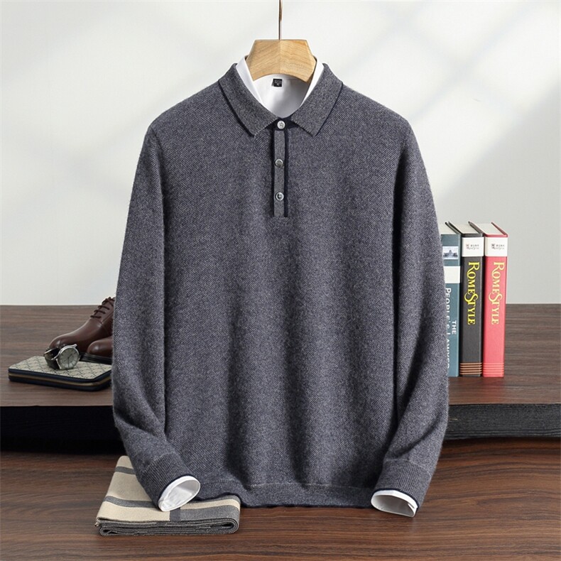 秋冬季35%羊绒休闲商务简约百搭虚提T恤领长袖羊绒衫男装，男装羊绒套衫，纳丰羊绒