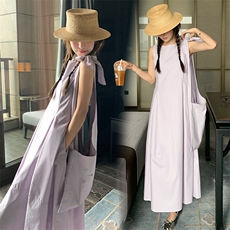 韩系小个子高级感无袖背心裙女夏新款肩带可调节蝴蝶结系带连衣裙，女装连衣裙，纯色衣恋