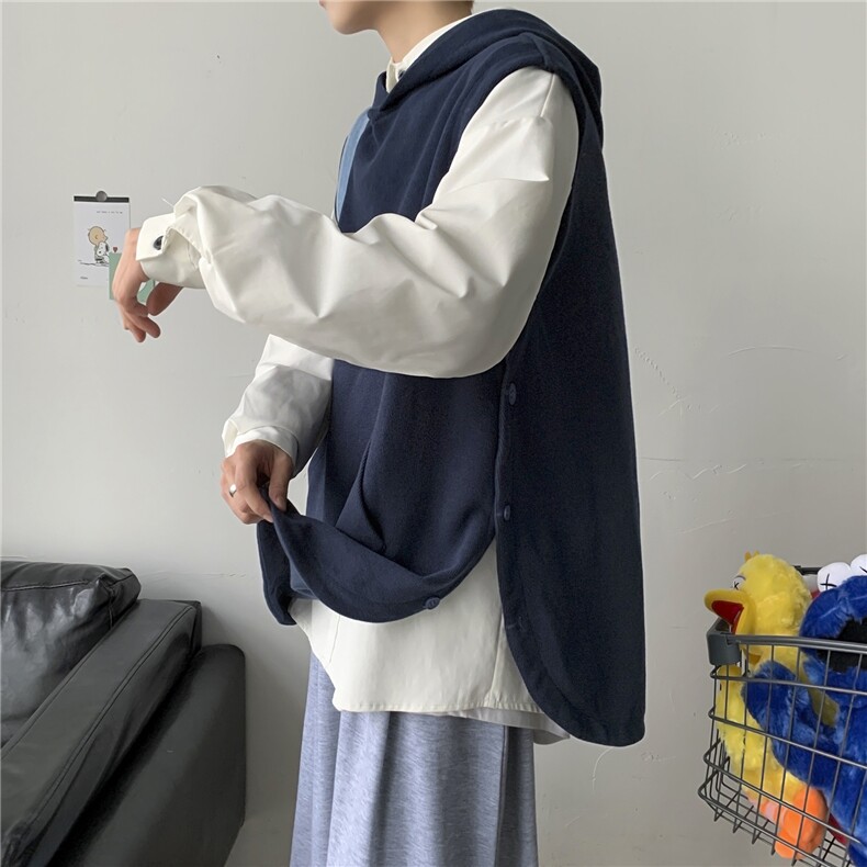 港风针织背心宽松休闲慵懒风毛线连帽马甲情侣学生上衣H204/P50，男装背心/马甲，钱塘713