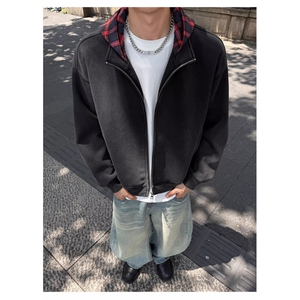 格子拼接连帽卫衣男女款复古潮牌美式高街假两件开衫外套，女装短外套，星座410-7