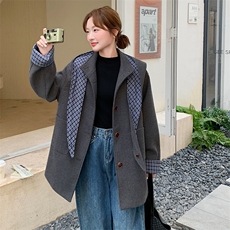 韩系格子拼接毛呢外套女2025冬季宽松显瘦中长款大衣，女装毛呢外套，纯色衣恋