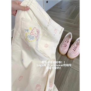 AK2329-P60美式可爱卡通刺绣牛仔裤女夏季设计感直筒阔腿梧桐裤图片