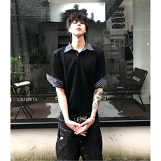 得物抖音高品质二开夏季美式潮牌假两件条纹衬衫翻领高街短袖T恤，男装T恤，电商A486