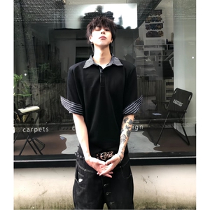 得物抖音高品质二开 夏季美式潮牌假两件条纹衬衫翻领高街短袖T恤图片